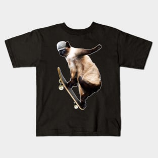 Siamese Cat Kitty Skateboard Skating Skateboarding Funny Kids T-Shirt